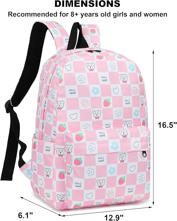 Checkered Bear School Backpack for Teens Girls, Womens College Bookbags Laptop Backpacks (Pink)