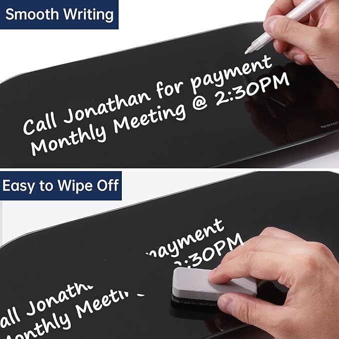 TSJ OFFICE Glass Desktop Whiteboard - 17 X 7 Inches Small Dry Erase Board with Warm Light, Black Glass White Board Surface Notepad with 1 Drawer, Desk Organizers for Office, Home, School Supplies
