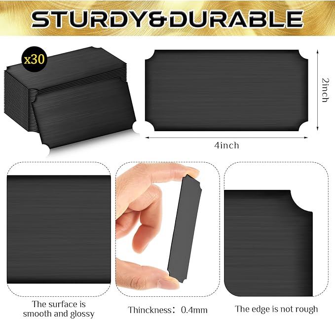 Therwen 30 Pcs Name Plates Laser Engraved Brushed Stainless Steel Plate Personalized Plaque Blank Custom Name Tag Frame Label with Adhesive Backing(Black Notched Corner,4''x 2'')
