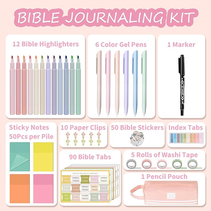 47 Pcs Bible Study Supplies,Bible Journaling Kit for Women, Morandi Bible Study Kit with Pastel Bible Highlighters and Tabs,Bible Pens,Sticky Notes,Bible Annotation Kit