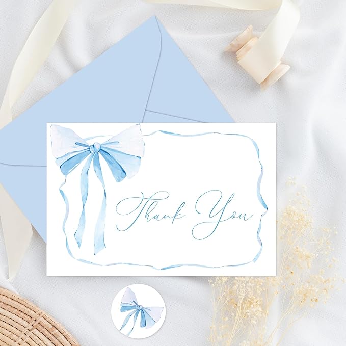 Whaline 24 Packs Blue Bow Thank You Cards Coquette Bowknot Greeting Cards Blank Note Cards with Envelopes and Stickers for Birthday Wedding Baby Shower, 4 x 6 Inch