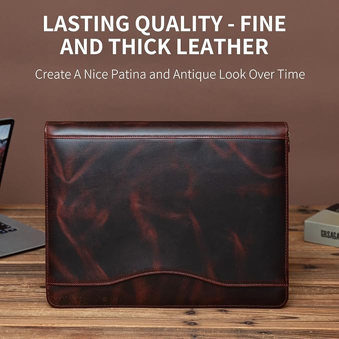 YIWEN Handmade Crazy-Horse Leather 3 Ring Binder Portfolio Padfolio Folder with Zipper for Men and Women, Business Organizer for Letter A4 Size for Meeting and Travel (Custom, Oil Wax-Dark Brown)