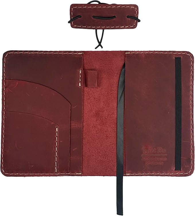 Thot Ra Leather Cover for Field Notes, Passport Cover, Leather Notebook Cover for 3.5" x 5.5" with Pen Holder, Only Cover (Wine)