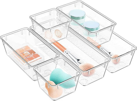 WOWBOX 6 Pack Clear Drawer Organizer Set, Acrylic Drawer Storage Trays, Storage Bins for Makeup, Cosmetics, Jewelries, Utensils, Gadgets, Office