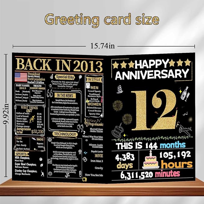 Joycard 12th Anniversary Card for Women Men, Gold Wedding Card for Wife Husband, Sweet Marriage Decorations Gifts for Couple, Perfect for Her Him on Anniversary Day, Back in 2013