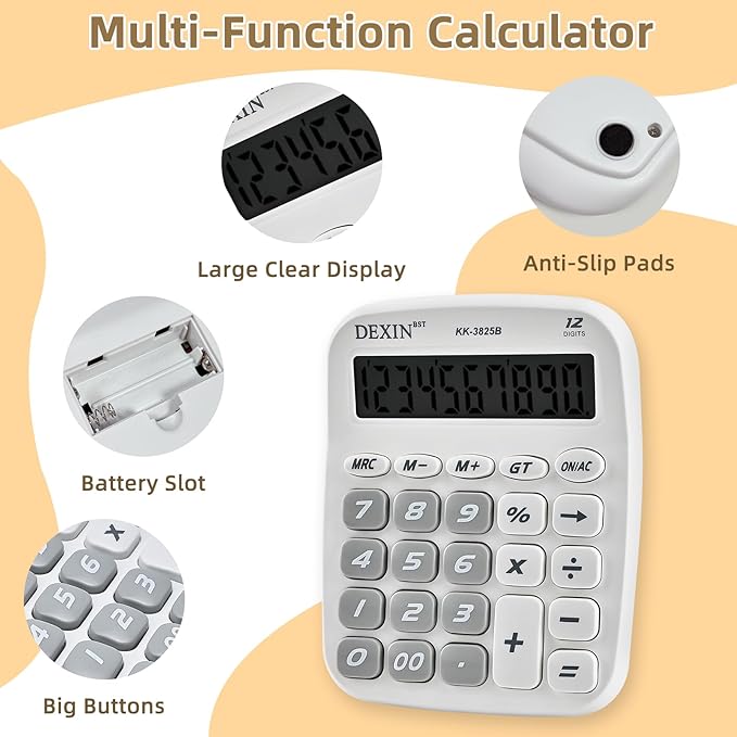 Cute Calculators Desktop, 12 Digit Basic Calculator with Big Buttons, Aesthetic Desk Accessories Large LCD for Office School Supplies (White)