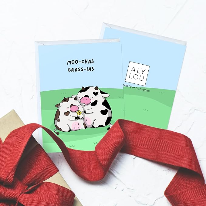 ALY LOU Cute Thank You Card, Thank U Greeting Note Card for Business, Teacher, Wedding, Birthday, Baby Shower, Blank Inside (Moo-Chas Grass-ias)