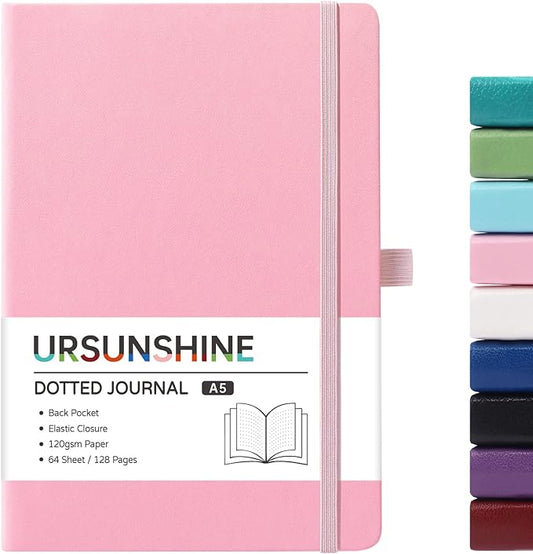 Dotted Journal/Notebook - Dot Grid Hard Cover Notebook, Premium Thick Paper with Fine Inner Pocket, Black Smooth Faux Leather, Pen Loop, 5.3'' x 8.26'' - Pink