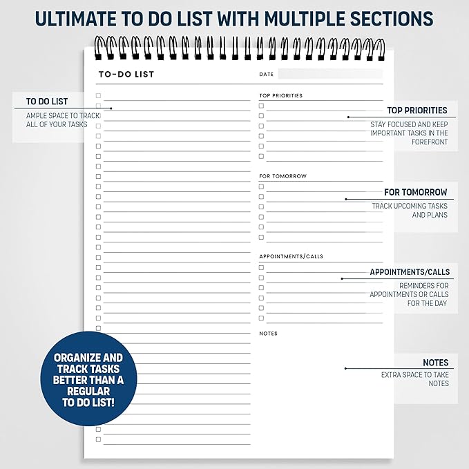 Of a Happy Kind To Do List Spiral Notepad 8.5x11 52 Sheets - Multiple Functional Sections - Daily Planner Notebook - Task Todo Checklist, Agenda Note Pad for Work