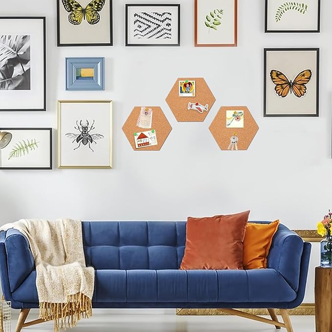 FEBSNOW 10 Pack Self-Adhesive Cork Board Tiles Hexagonal Cork Board Mini Wall Bulletin Board with 50 Multi-Color Push Pins