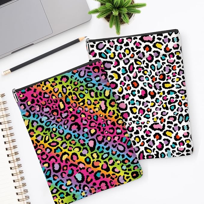 2 Pack Rainbow Leopard Print Book Sleeve, Books Protector，Books Pouch， Book Lovers Gifts，Bookish Gifts Waterproof Cover with Zipper，Leopard Decor Gift Bag for Women Girls Christmas Appreciation