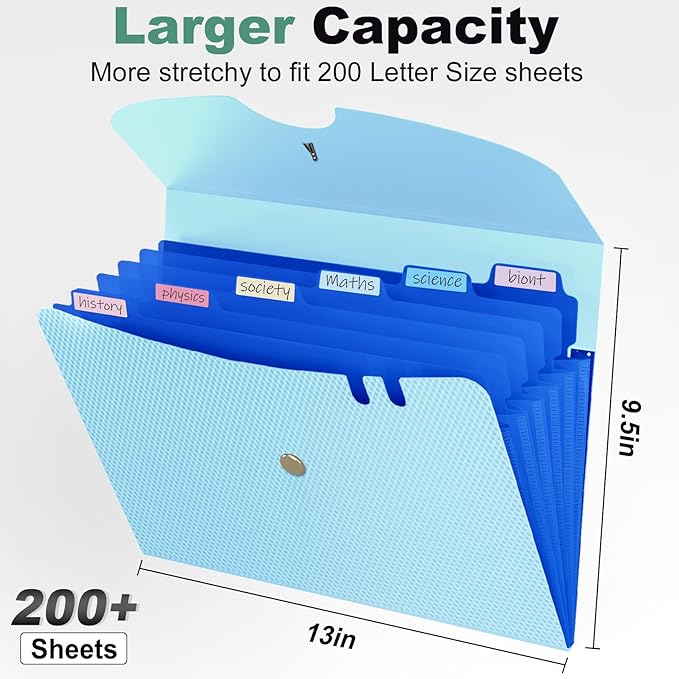 Sooez 7 Pocket Expanding File Folder, Premium Accordion File Organizer, Letter Size Folders for Documents, Sleek Filing Folders with Bungee Closure, Portable Folders for School Office Supplies, Blue