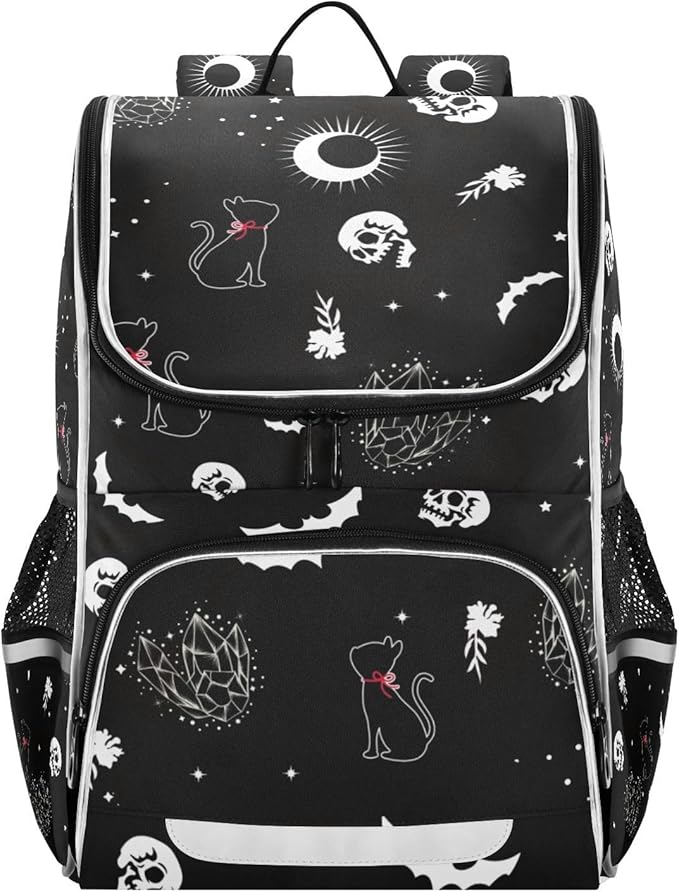 Goth Skull Cat Backpack with Reflective Strip for Kids Boys Girls Elementary School Bag Removable Chest Strap