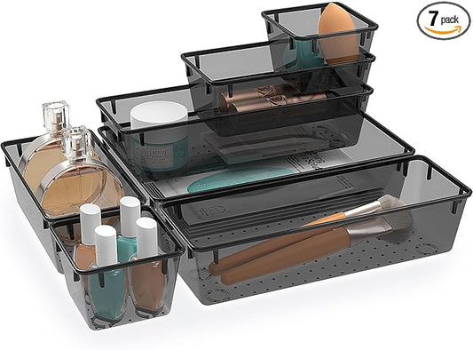 7 PCS Clear Plastic Drawer Organizers Set, 4 Size Desk Drawer Organizer Trays for Makeup, Jewelry, Kitchen Utensils, Gadgets and Office Accessories, Black