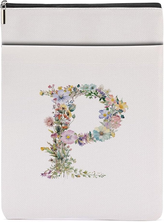 Monogrammed Book Sleeve Floral P Initial Book Pouch Book Accessories Book Lovers Gifts Waterproof Book Cover Book Protector Bookish Gifts Personalized Gifts for Women Girls Readers Bride Girlfriend