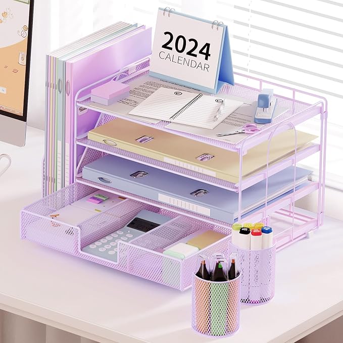 Desk Organizers and Accessories, Paper Letter Tray File Organizer with Drawer and 2 Pen Holder, Classroom Office Supplies Decor Desk Accessories Workspace Desktop Organizer for Women(Purple)