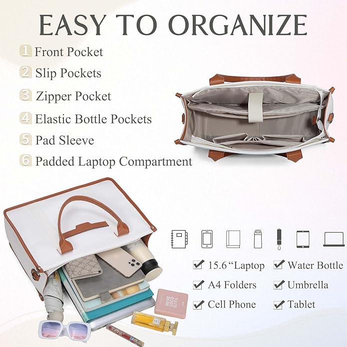 RAVUO Laptop Tote Bag Women, Water Resistant 15.6 Inch Large Canvas Handbag Business Briefcase With Detachable Shoulder Strap