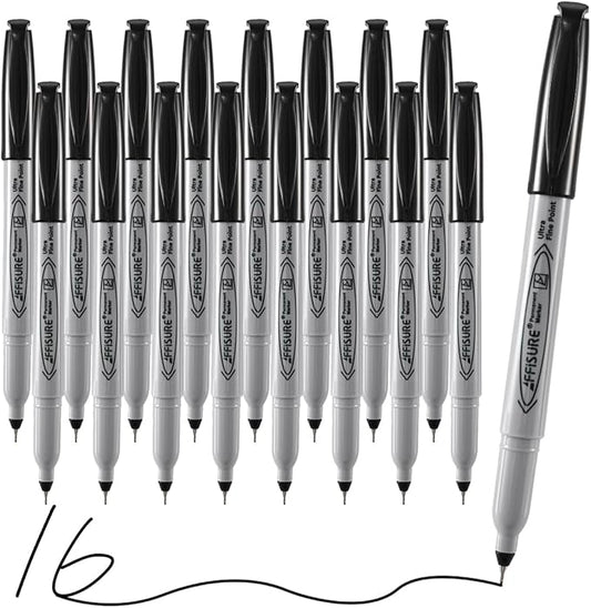 Permanent Markers, Ultra Fine Point, Black, 16 Count, 0.4mm, Fine tip permanent marker set, quick dry, waterproof, fading resists, durable, marks on paper, glass, ceramic, plastic, wood, rock, metal