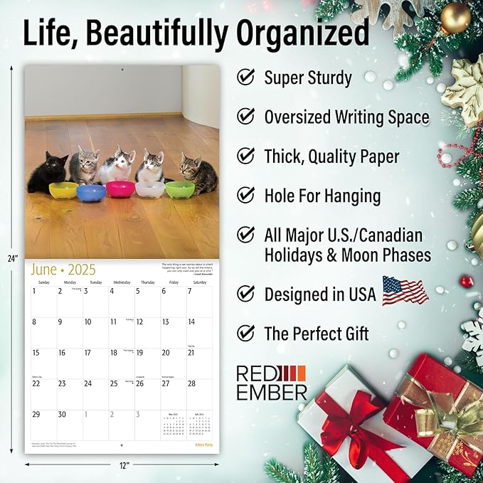 RED EMBER Kitten Party 2025 Wall Calendar 12 Month | 12" x 24" Open | Thick & Sturdy Paper | Giftable | Calendar 2025
