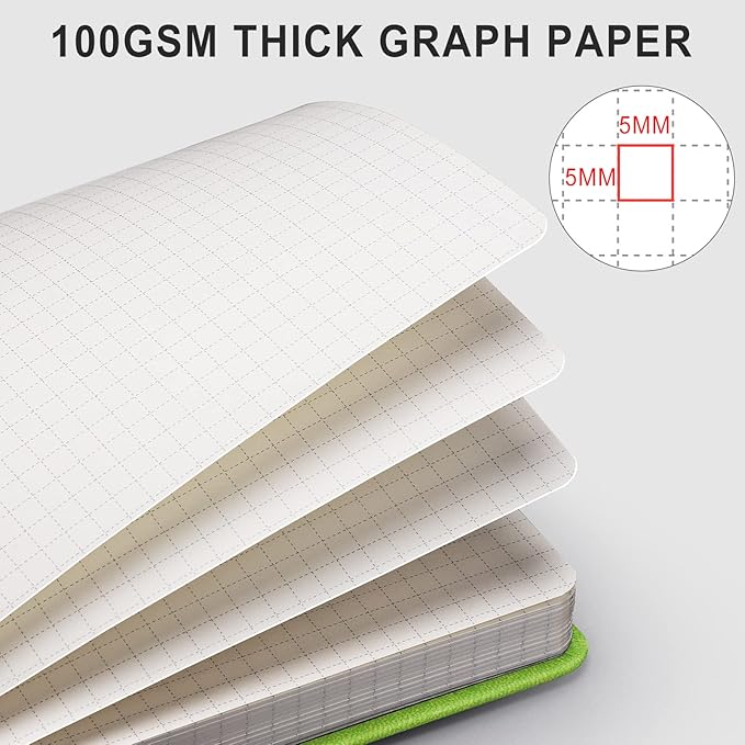 AHGXG Graph Paper Notebook - 320 Pages Grid Notebook Thick Journal A5, 100gsm Thick Graph Paper, Leather Hardcover, Inner Pocket,5.75'' × 8.38''- GrassGreen
