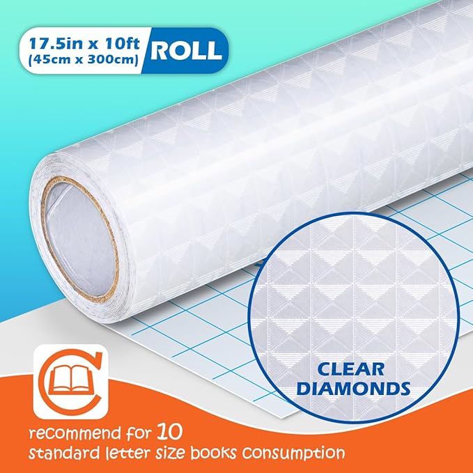 Diamonds Clear Contact Paper Roll for Books Crafts, 17.5in x 10ft Sticky Adhesive Clear Plastic Cover Protector Film Liner