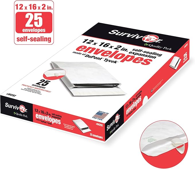 Quality Park Survivor 12 x 16 x 2 Tyvek Expansion Catalog Mailers with Self Seal Closure, 14 lb, Puncture, Tear and Moisture Resistant Dupont Tyvek Envelopes, 25/Box (R4292)