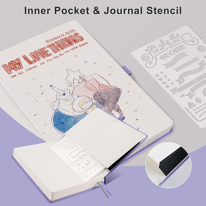 EMSHOI Bullet Dotted Journal Notebook - 320 Pages, 100gsm Thick Paper, A5 Hardcover Leather, Dot Grid Notebook for Women Men Work Writing, Bullet Journaling, Drawing, 5.75 x 8.38, Light Purple