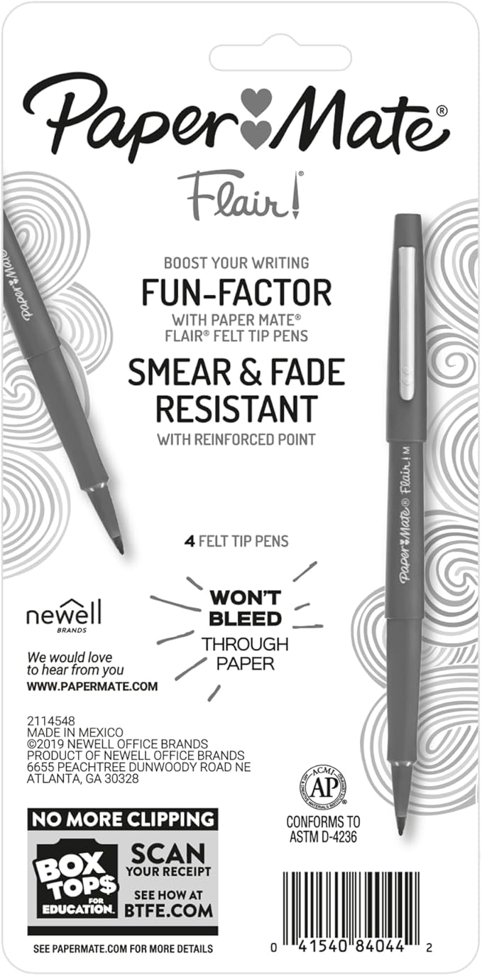 Paper Mate® Flair® Porous-Point Pens, Medium Point, 1.0 mm, Assorted Ink Colors, Pack Of 4 Pens
