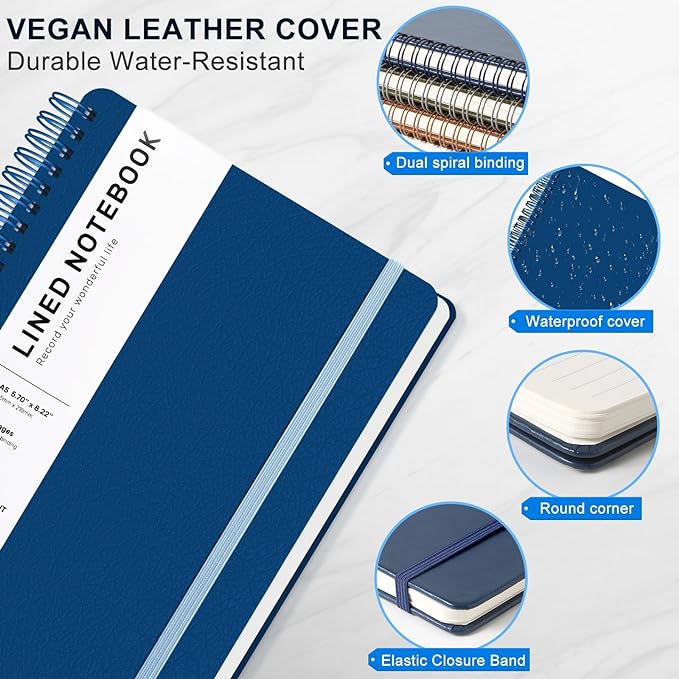 Lined Spiral Journal Notebook, A5 Hardcover Leather Notebook for Work, 5.7''×8.2'', 100GSM Thick Paper Spiral Bound Journaling Notebooks for Women & Men Office School Note Taking Business, Blue