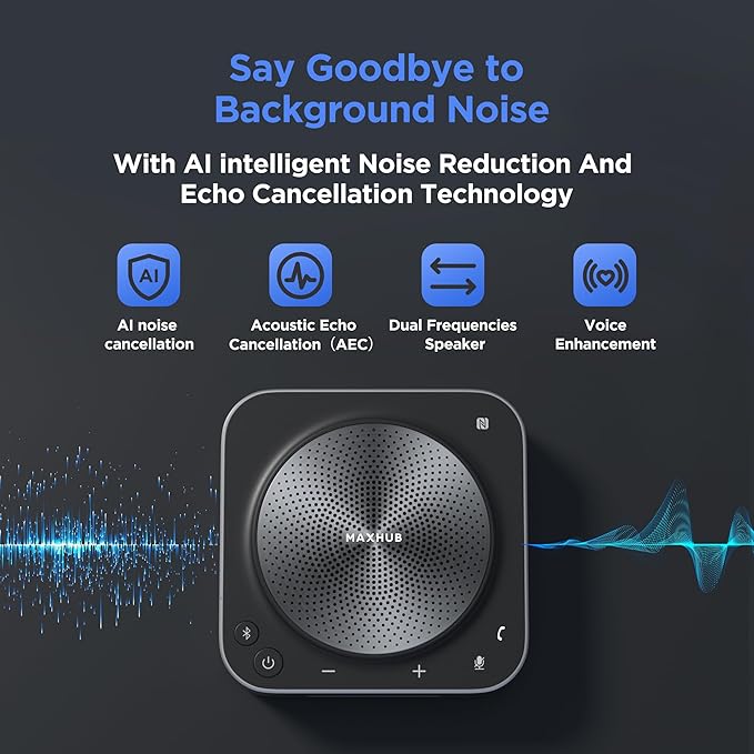 BM35 Wireless Bluetooth Microphone Conference Speakerphone, 360° Omnidirectional Sound Pickup 20ft Radius 8-Array Microphones, AI Noise Reduction NFC Wireless Quick Connection, 15H Talk Time