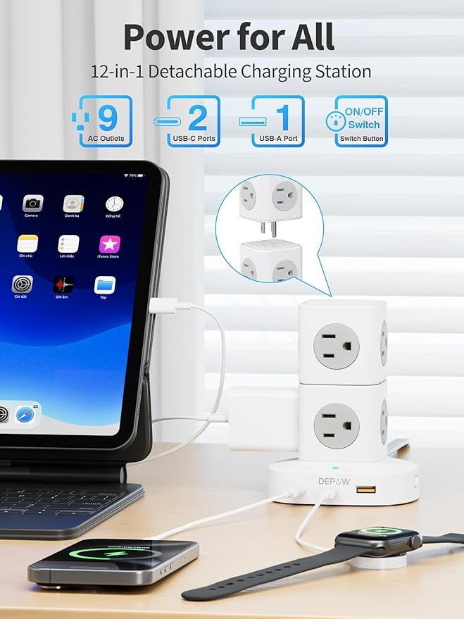 Power Strip Tower Surge Protector with 9 Outlets 3 USB (2 USB C), 5Ft Braided Extension Cord with Multiple Outlets, 1700J Surge Protection, Detachable Charging Station for Home Office Dorm