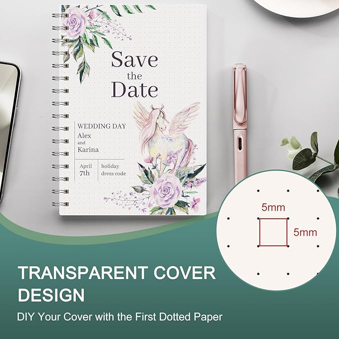 EMSHOI Spiral Notebook B5 Bullet Dotted Journal, Dotted Grid Notebook with 300 Pages, 100gsm Thick Paper, 7.48" × 10.15", Waterproof Softcover Notebook for School Work Writing - Transparent