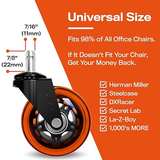The Original Roller Blade Office Chair Wheels (As Seen On PBS) - Incredibly Smooth & Quiet Rolling Casters - Safe for Hardwood Floors & Carpet - Easy Install with Universal Fit - Set of 5 - Orange