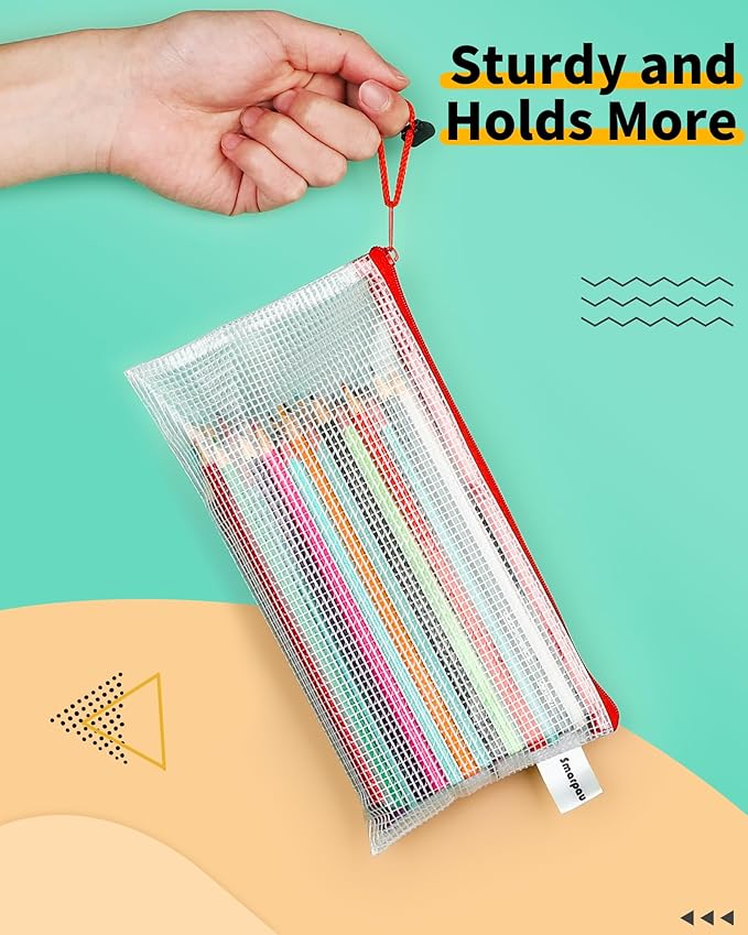 Smarpau 14pcs Zipper Pouch, 14 Colors 9.3" x 4.7" Mesh Pencil Pouches, Plastic Pencil Case Waterproof Zipper Bags for Cosmetic,Travel, Office Storage