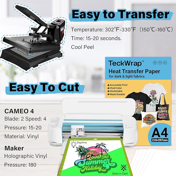 TECKWRAP Printable Heat Transfer Paper for T-Shirts 10 Sheets, 8.3" X 11.7" Printable Heat Transfer Vinyl for Inkjet Printer, Iron on Transfer Paper for Light and Dark Fabric (Glow in Dark)