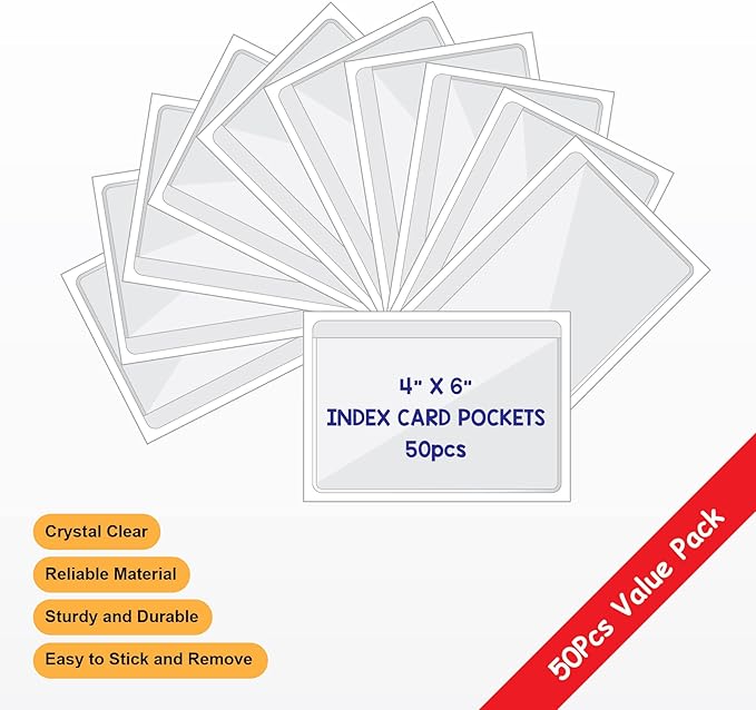 Clear Adhesive 4" x 6" Index Card Pockets with Top Open for Loading, 50 Pack, Plastic Labels Holders for Storage Bins and Library Card, Organizing and Protecting Your Index Cards or Photos