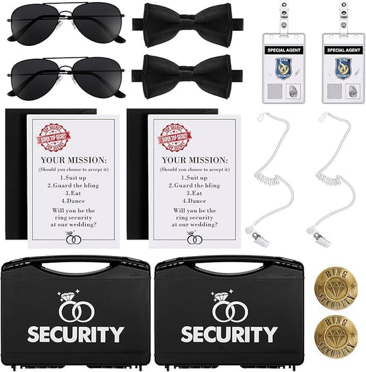 Aoriher Ring Security Wedding Set Include Ring Bearer Box Security Badge Sunglass Security Earpiece Bow Tie ID Badge Holder with ID Card Envelope Invitation Card for Proposal Gift(9 Pcs)