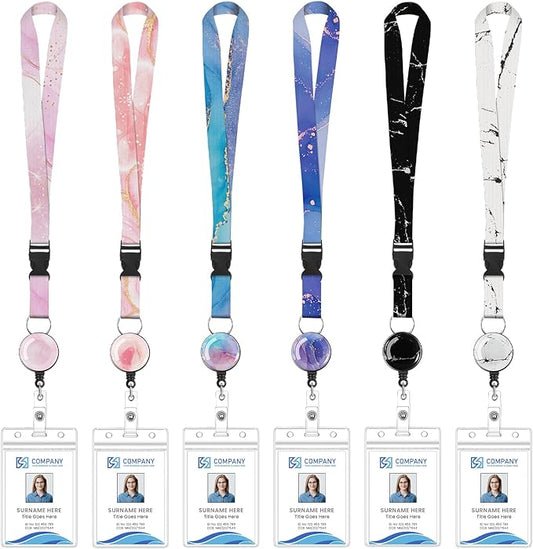 6 Pack Lanyards for Id Badges, Badge Women Lanyards with ID Holder Detachable Cruise Lanyards with Waterproof ID Holder Retractable Badge Reel for Office School Cruise Ship Key ID Cards (Marble Style)
