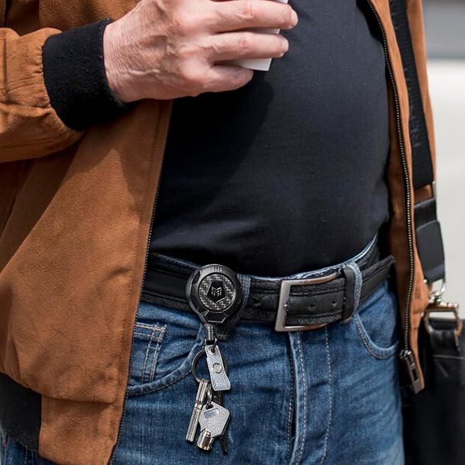 MNGARISTA Upgraded Heavy Duty Retractable Keychain with Belt Clip, 10 OZ Retraction, 31.5" Stainless Steel Cord, 3K Carbon Fiber ID Badge Reel with Badge Strap and Key Ring