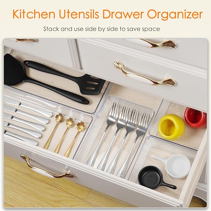 Criusia Drawer Organizer, 10 Pack Large Clear Plastic Kitchen Drawer Organizers Set, 3 Size Versatile Bathroom and Vanity Drawer Organizer Trays, Storage Bins for Makeup, Bedroom, Kitchen Utensils