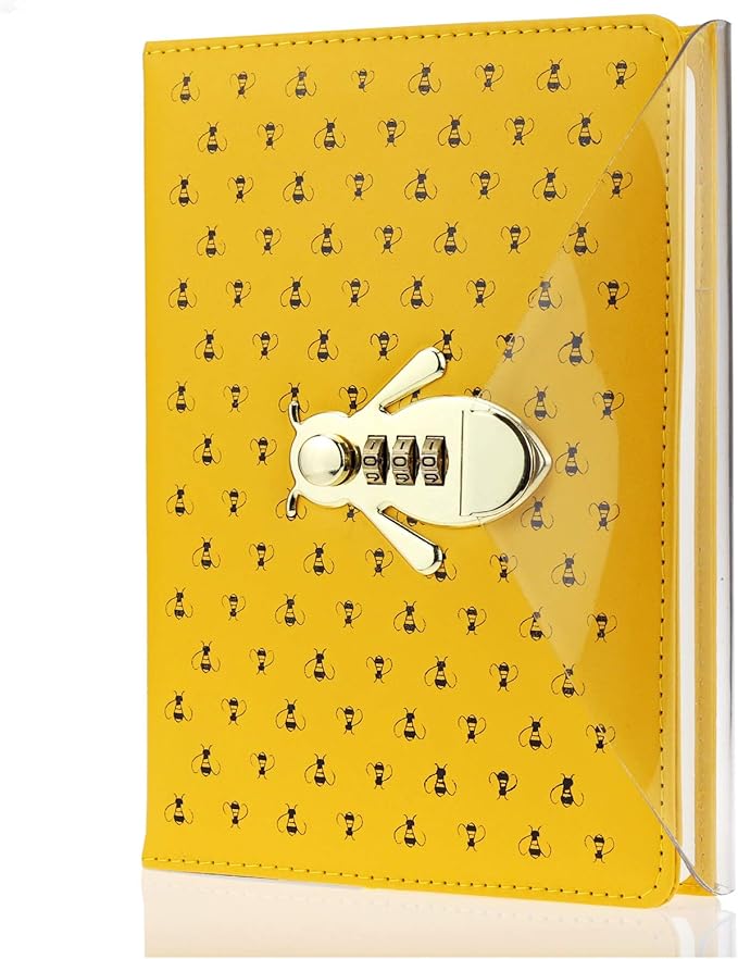 Mazeran Bee Shaped Combination Lock Journal, PU Leather Hard Cover Notebook Cute Diary, A5 Lined Password Locking Personal Planner Secret Organizer Gift for Girls Women Daughter