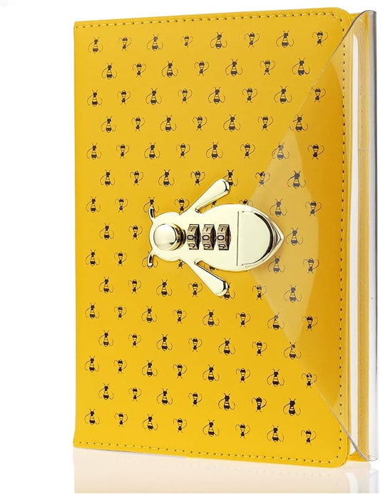 Mazeran Bee Shaped Combination Lock Journal, PU Leather Hard Cover Notebook Cute Diary, A5 Lined Password Locking Personal Planner Secret Organizer Gift for Girls Women Daughter