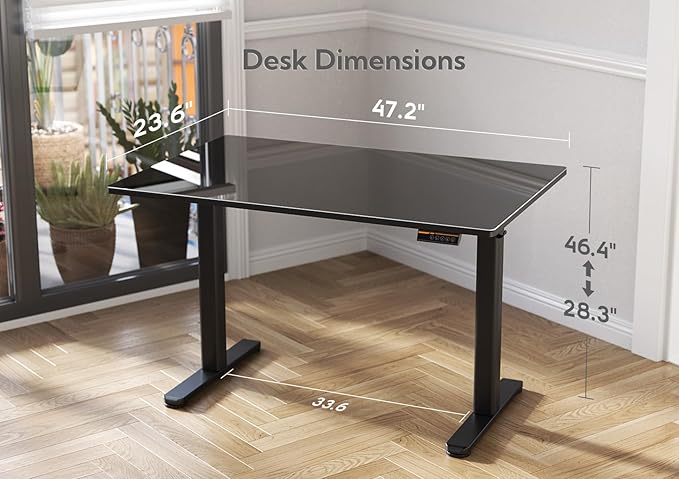 Glass Standing Desk, Electric Standing Desk Adjustable Height, 48 Inch Adjustable Stand Up Desk, Quick Install Home Office Computer Desk, Black