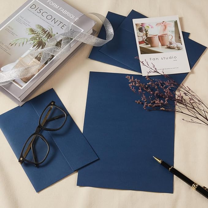 Wishop 50 Pack Self-Adhesive Envelopes with Fold Cards for Wedding Invitations, Greeting Cards, Baby Shower, Letter Mailing (Navy Blue, 5x7)