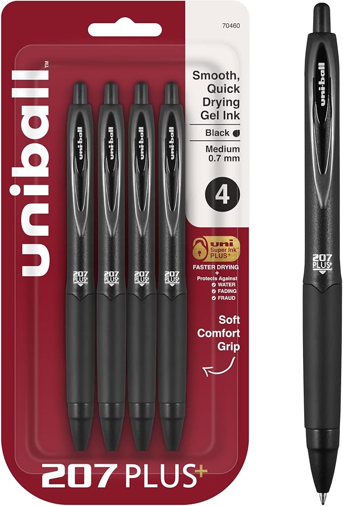 uniball 207 Plus+ Retractable Gel Pens, Medium Point, 0.7mm, Black Ink, 4/Pack (70460)
