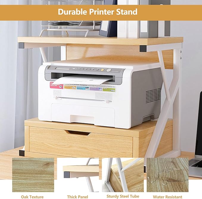 Printer Stand for Desk,2 Tier Desktop Printer Stand,Home Printer Stand with Storage Drawer,Small Printer Table,Desk Organizer Shelf for Top of Desk,Printer Rack for Fax Machine,Scanner-Oak