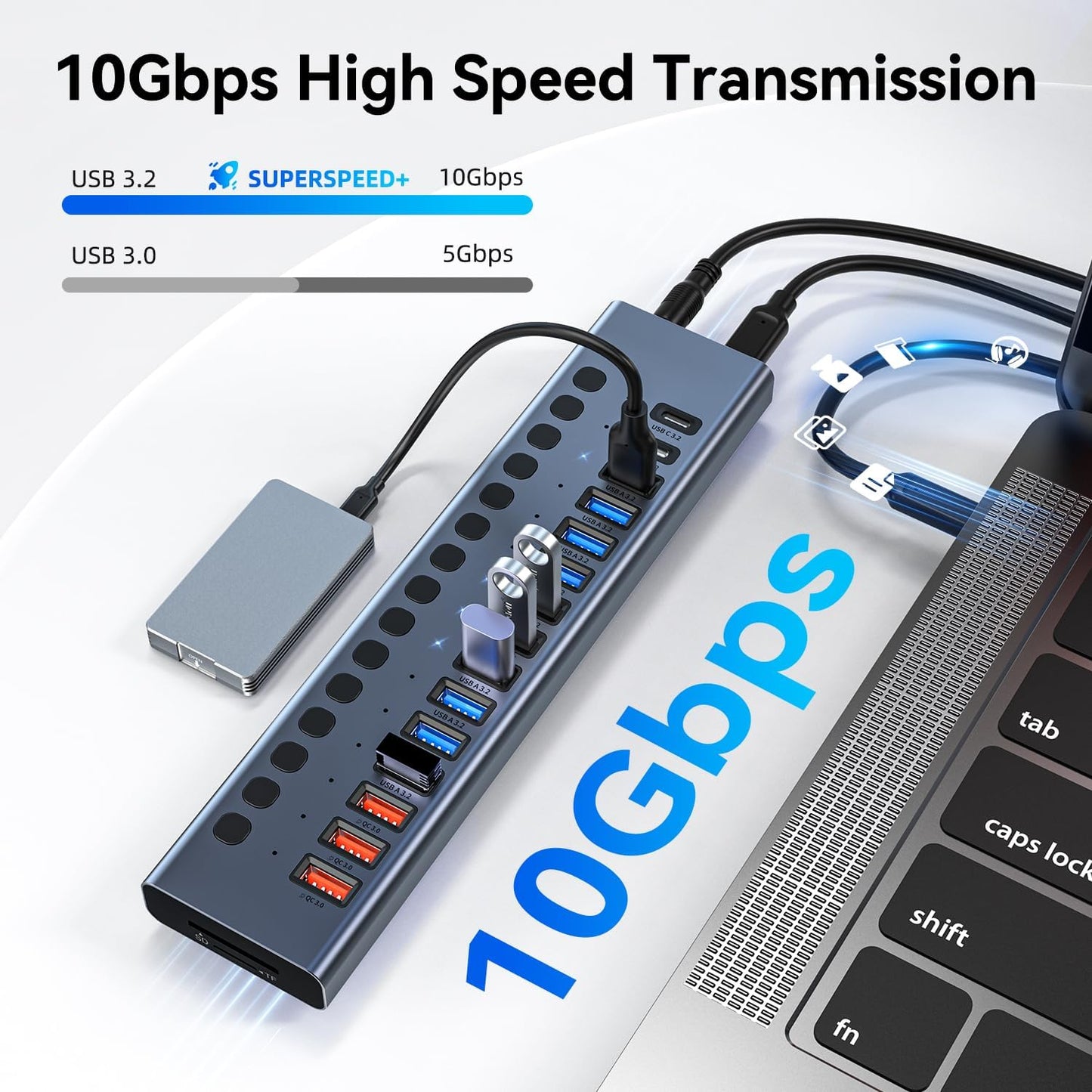 Powered USB Hub 10Gbps, 17 Ports 96W USB 3.2 Hub(10 USB-A 3.2 Ports+3 QC 24W Fast Charging Ports+2 USB-C 3.2 Ports+SD/TF Card Reader), 12V/8A Power Adapter for Laptop, PC, Computer, HDD,Flash Drive