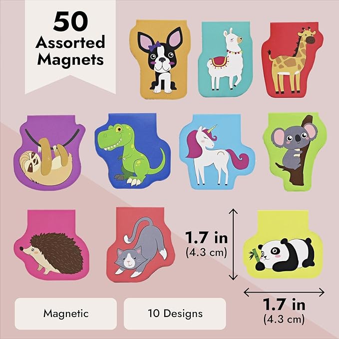 Bright Creations 50-Pack Mini Assorted Colorful Animal Magnetic Bookmarks, Bulk Magnet Set, Page Clip Markers for Kids, Reading, Bookclub, School Book Fairs (10 Designs, 1.7x1.7 in)