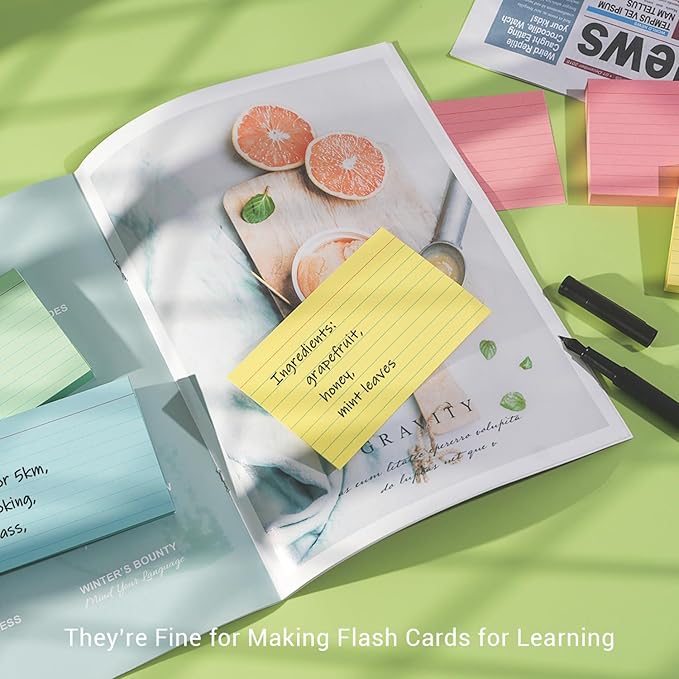 Colored Index Cards 4x6 Inch - Ruled Index Flash Cards for Studying, Lined Index Note Cards 4" x 6" with Colorful, Colored Flashcards 4x6 Notecards 3 Pack of 38 - Pink, Green, Blue, Yellow