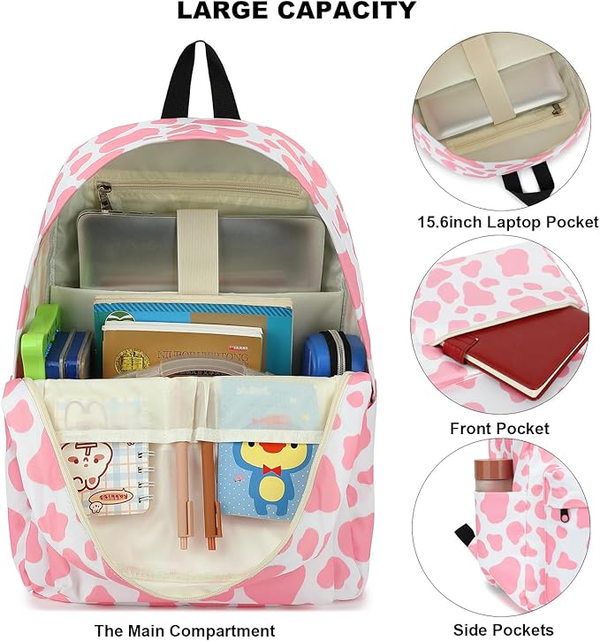 Cow Print School Backpack for Teens Girls, Womens College Bookbags Laptop Backpacks (Pink)